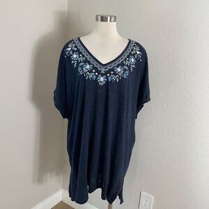 J Jill Womens Plus 4X Navy Blue 100% Linen Embroidered Floral Tunic Top V Neck